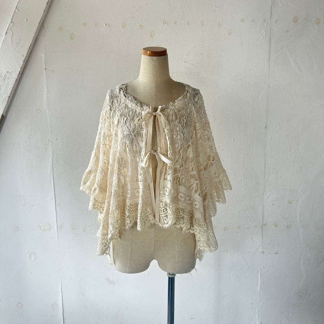 Cotton Lace Mix Poncho Cape Cardigan & Back Ribbon P/O BL & Wrap SK