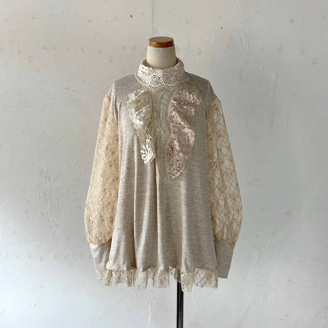 Lace high neck puff sleeve flare pull over