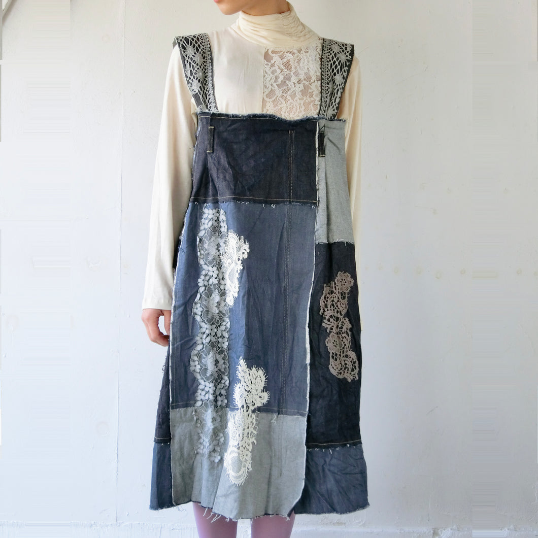 2-way Denim Patchwork Front zip up jumper dress & front zip up tuck skirt  #1013552